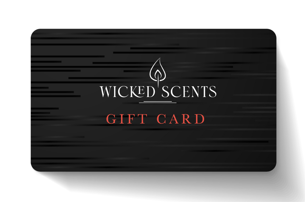 The Wicked Scents Gift Card is sleek black with Wicked Scents in white above a fiery icon. Gift Card appears in red against subtle horizontal streaks, making it perfect for any Apple Wallet.