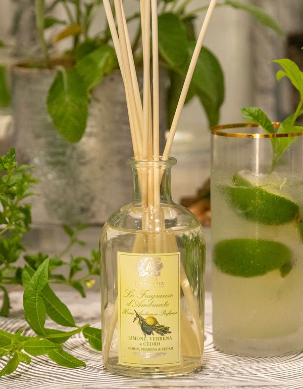 A bottle of Antica Farmacista - Lemon Verbena & Cedar 250ml Reed Diffuser with reed sticks sits beside a citrusy lime and mint drink, with fresh green leaves and plants in the background for a natural, refreshing vibe.