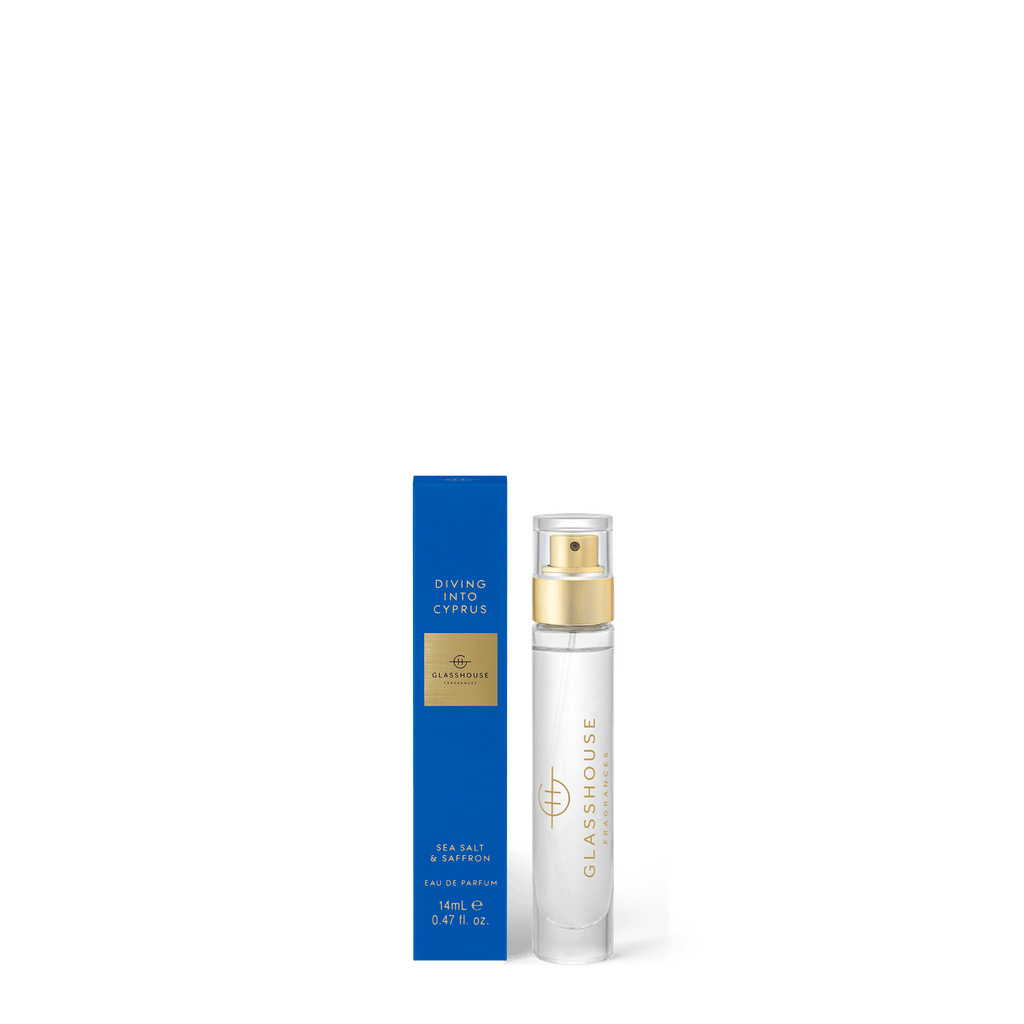 A clear Glasshouse Fragrances spray bottle and a blue-gold box labeled Diving Into Cyprus and Sea Salt & Saffron Eau de Parfum 14ml are shown.