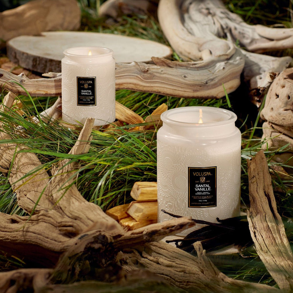 Two Voluspa Santal Vanille 18oz candles, crafted from a coconut wax blend, sit among driftwood and green grass. One candle is placed in the foreground and the other in the background, creating a serene natural setting.